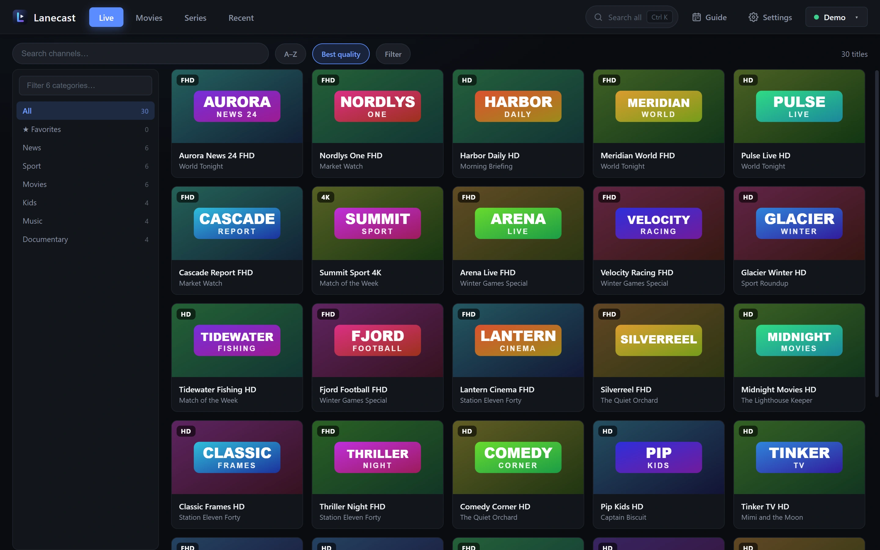 Lanecast live TV view with channel tiles, logos and categories